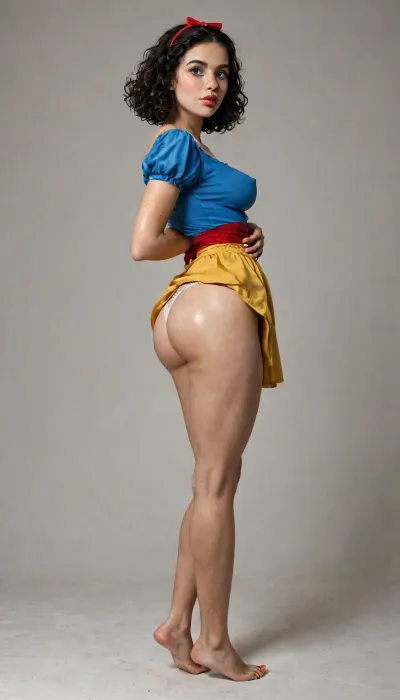 8k, score_9, score_8_up, score_7_up, narrow waist, narrow hips, narrow calves, long slender legs, Disney style, Snow White, tall, full lips, (plump lips:1.3), blue eyes, freckles, busty, round bubble butt, pornstar, pretty makeup gorgeus voluptuos woman, black curly hair, gorgeus voluptuos body oiled sweaty tanned line, rounded breast with huge pink erected nipples, rounded ass, shaved cunt, long legs, thick thigs, waist, gorgeus face with freckles, long eyelashes, wearing a blue bodice with puffy sleeves, a bright yellow full skirt, a high white collar, White panties and a red bow in her black hair, side view, full body view, <lora:detailed_notrigger:2>, <lora:add-detail-xl:.8>, <lora:LCMTurboMix_Euler_A_fix:.8>