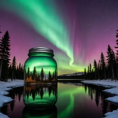 North Pole, with a glass jar between the viewer and the Arctic polar night sky, low angle view through the jar, the stunning Northern Lights through the jar with intense, detailed, and saturated colors, (The amazing Northern Lights reflected in a lake with some pine trees, all as if inside the jar, sharp contrasted Northern Lights reflecting their shap", (Polo Norte, con un frasco de vidrio entre el espectador y el cielo nocturno polar ártico, vista en ángulo bajo a través del frasco, la impresionante aurora boreal a través del frasco con colores intensos, detallados y saturados, (La asombrosa aurora boreal reflejada en un lago con algunos pinos, todo como si estuviera dentro del frasco, aurora boreal con contrastes nítidos reflejando su forma), .))