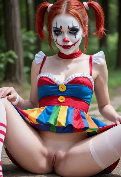 young beautiful girl 18 years old clown girl with big breasts, wearing a pulled-up dress without any underwear, laying on her back with spread legs, no panties, long striped socks, clown makeup, skinny, white face paint, detailed vagina, looking at the viewer, back long high twin multi-colored ponytails, excited, aroused, tack sharp, 4k, dslr