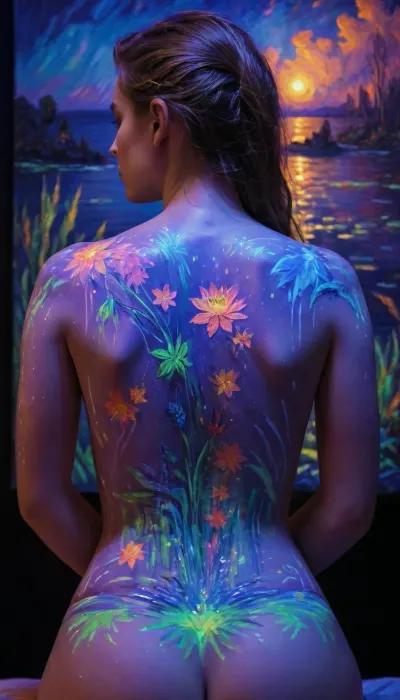 blacklight uv painted on the back of a girl depicting art in the style of monet, <lora:bl4ckl1ghtxl:.5>