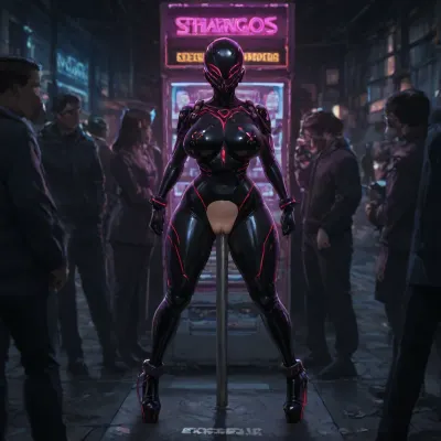 (Curvy young woman standing), legs apart, (penetrated by steel pole), ((steel pole from ground to vagina)), (scifi setting), film noir style, slot machine, ((latex clothing)), (colorful neon light stripes on clothing), bladerunner aesthetics, platform heels, small lady, neon signs, display, (strangers walking by), motion blur, people queing, helpless, steel shackles, machine, (open crotch), genetic manipulation, (puffy labia), bare pussy, high angle, trapped, public, objectified, fuckdoll, cyborg, trash, litter, untidy, used holes, ”one bar prison”