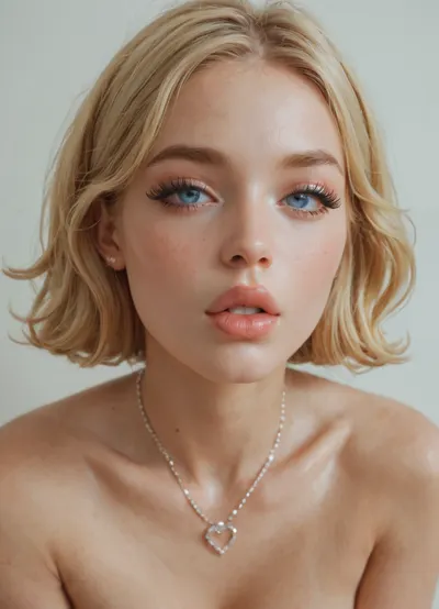 Bianca, sex doll face, blonde blue eyes, big full lips, round sex doll mouth, long eyelashes