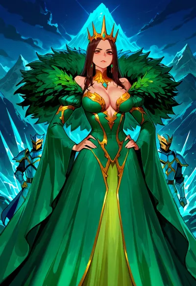 Fantasy, painting, Boris Vallejo, magical ice queen, diaphanous and translucent dress, the queen stands atop an snow capped mountain peak, hands on hips, storms rage but she is unaffected., green, eyes, blue, brown, perfecteyes, <lora:PerfectEyesXL:.8>