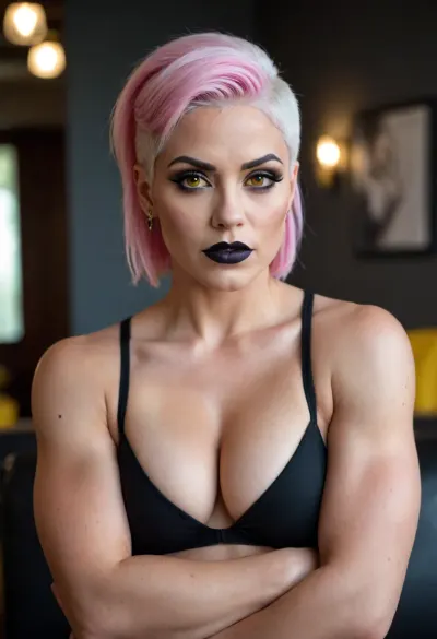 Absolutely built woman, super muscular, muscle definition, massive arms, large chest, short white/pink hair, black lipstick, black makeup, striking yellow eyes, black nails, black ear piercings