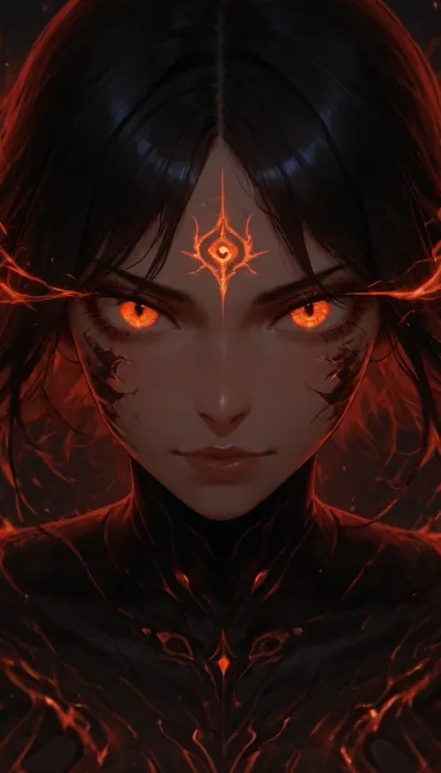 Ultra-realistic cinematic close-up portrait of a mysterious warrior woman emerging from darkness, her face partially covered in glowing embers and black ash, molten firereflected in her piercing orange eye, charred textures across her skin, deep dramatic lighting, hyper-detailed textures, 8K resolution, sharp focus on eye, dynamic sparks floating in the air, dark moody atmosphere, inspiredby dark fantasy and epic movie posters, shot on a Canon RF 85mm f/1.2 lens, extreme depth of field, volumetric lighting, ultra high contrast