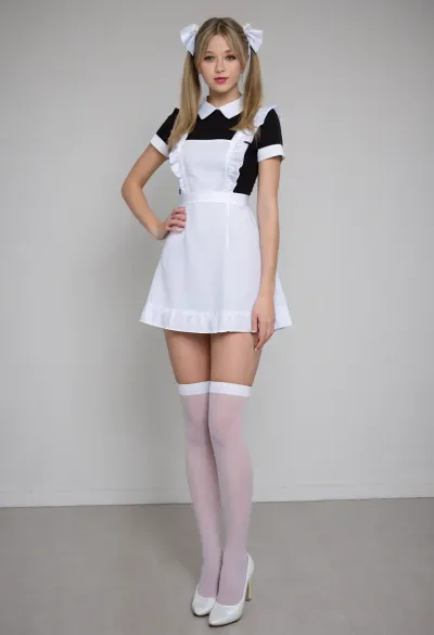 beautiful blonde 18 years old with ponytails woman, Pattie Boyd face, lewd posing, beautiful face, earrings, detailed face, detailed hands, white bows, black dress, white apron, soviet, white lingerie, white shoes, high heels, background glass walls, suxl, M3L0DYM4RK5, panntyhose, black, pantyhose, white, LIFT, UP, DRESS, CURTSEY, FROM, BELOW, BACK, <lora:suxl:1.9>, <lora:M3L0DYM4RK5 [vvugot1905cc735fbp19f1]:1.8>, <lora:pantyhose_xl_v1:1.7>, <lora:Lift Up Dress:1.8>