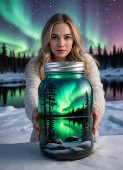 A beautiful woman in a white fur coat holds a jar containing the Northern Lights and a lake with snow-covered pine trees., (Inside the jar, the Northern Lights contrast with a night sky at the North Pole, reflected in the lake, filling it with a spectacular Arctic world), ., (Detailed textures, well-defined, colorful, and saturated Northern Lights in emerald green and magenta, a starry sky, and lake water reflecting the entire night sky, stars, and a few snow-covered pine trees are all meticulously detailed with intricate textures and perfect sharpness), (The image features meticulously detailed hands holding the jar. The jar is large. An ultra-sharp), (close-up, viewed from inside the jar with a 3/4 view prioritizes the interior of the jar), . and then the woman standing in the snow