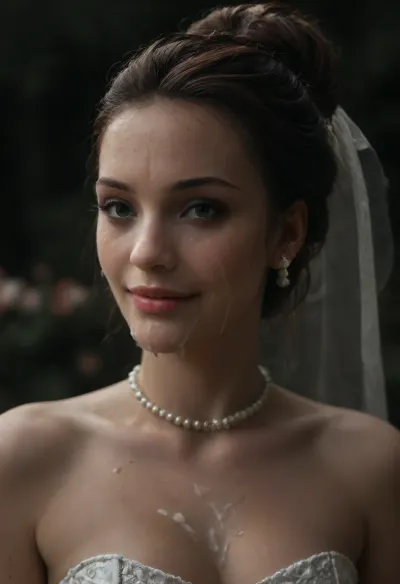 high resolution, high quality, dark scene at night, closeup of face, cute woman, cum on face, smile, pearl choker, pearl earrings, (Hair in elaborate updo:1.4), (((multiple loads of thick visible cum on her face:1.6))), cum dripping from face, cum on cleavage, (standing model posing, (wedding dress:1.2), (white corset:1.2), (wedding veil:1.3), (white lace gloves), very cute, smile, out of focus colorful flowers in a romantic outdoor background, outdoors, on, face, bukkake, cum), bellissima, bukkake, cum, astonrichardsxl, <lora:Wet_Makeup__Runny_Mascara-000006:1.4>, <lora:LesFemmesXL_v1.0:1.5>, <lora:MS_Real_XL_Bukkake:.7>, <lora:dark:.4>, <lora:astonrichardsxl:1>