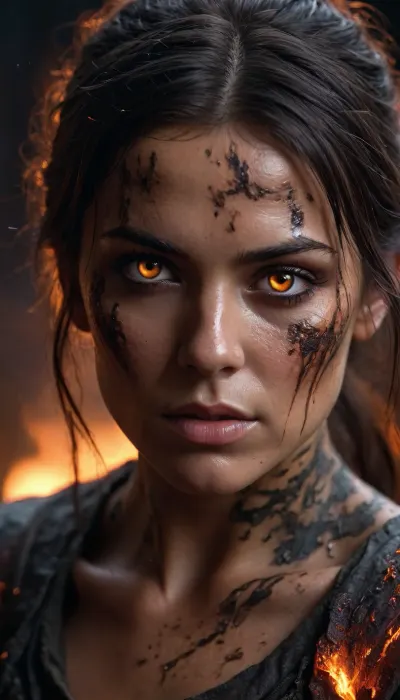 Ultra-realistic cinematic close-up portrait of a mysterious warrior woman emerging from darkness, her face partially covered in glowing embers and black ash, molten firereflected in her piercing orange eye, show full body, from head to toe, charred textures across her skin, deep dramatic lighting, hyper-detailed textures, 8K resolution, sharp focus on eye, dynamic sparks floating in the air, dark moody atmosphere, inspiredby dark fantasy and epic movie posters, shot on a Canon RF 85mm f/1.2 lens, extreme depth of field, volumetric lighting, ultra high contrast