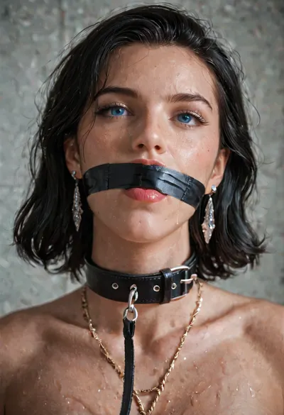 Causasian youg magnificent white caucasian adult femane. Jet-black hair, crystal blue eyes. Pet play, collar, leash, naked, rope, black, tape, gag, bondage, <lora:bdsm_SDXL_1_:.8>, supermodel, face, big, lips, <lora:Beautify-Supermodel-SDXL:.8>