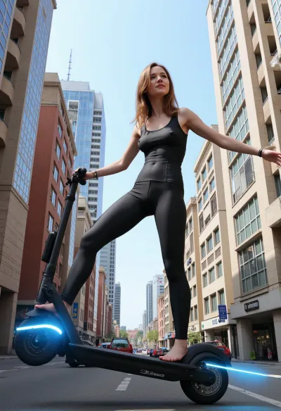 Photorealistic, realistic, {futurism, world of the future, futuristic unusual, buildings, beautiful woman, (flying on an anti-gravity, fantastic, space scooter), high above fantasy, streets of a futuristic city}, highly detailed, ultra-realistic, cinematic lighting, 8K