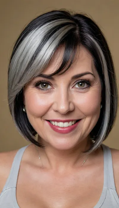 Gilf, (fat:1.3), 60 year old mature woman, photography studio, perfect studio lighting, obese, drooping, saggy, (smile:1.3), (upper body shot), (detailed skin:1.8), (black bob cut straight hair with silver highlights:1.3), (big light eyes:1.3), (detailed eyes), (medium sagging fat breasts:1.2), wearing a white lowcut v-neck spaghett strap tank top