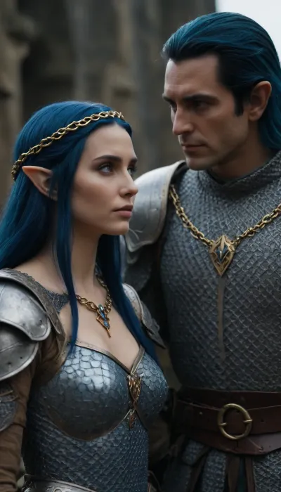 medioeval setting, king with black hair and elf queen with blue hair in chain mail armor