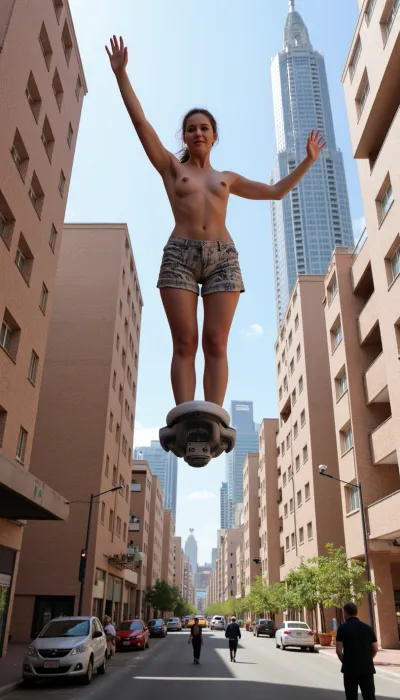 Photorealistic, realistic, {futurism, world of the future, futuristic unusual, buildings, beautiful woman, (flying on an anti-gravity, fantastic, space scooter), high above fantasy, streets of a futuristic city}, highly detailed, ultra-realistic, cinematic lighting, 8K