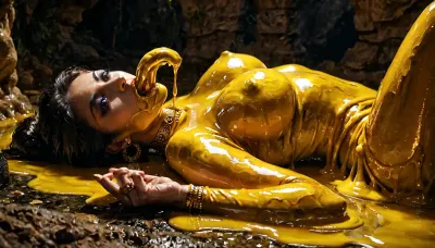 Photorealistic, Best quality, 1 person, (Arabian princess), attacked by, a shiny gold goo mass, clothed Arabian princess laying on her back, goo in mouth, gold goo creature is corrupting her mind, in an, (underground tomb filled with riches), night time, mind controlled, (fear:.3), <lora:sd_xl_dpo_lora_v1:.6>, <lora:MJ52:1>, <lora:dark:.6>