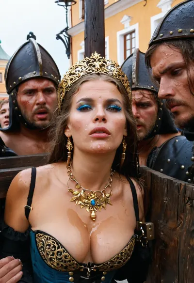 A Russian beauty in a traditional Russian costume, her costume torn, but her traditional headdress on, can on the face, People around are looking at her and someone is pointing at her, a filigree of bright, saturated colors. Super clear, (town square), (shackled to stocks and pillory:1.3), (ruined makeup, wet skin, wet hair), cum on pussy, cum on face, cum on ass, torn black pantyhose, stiletto spike heel boots, corset, (gangbang, deep throat, anal), Endless_Up_SDXL_Neg, GenNeg-XL, SDXL_POS