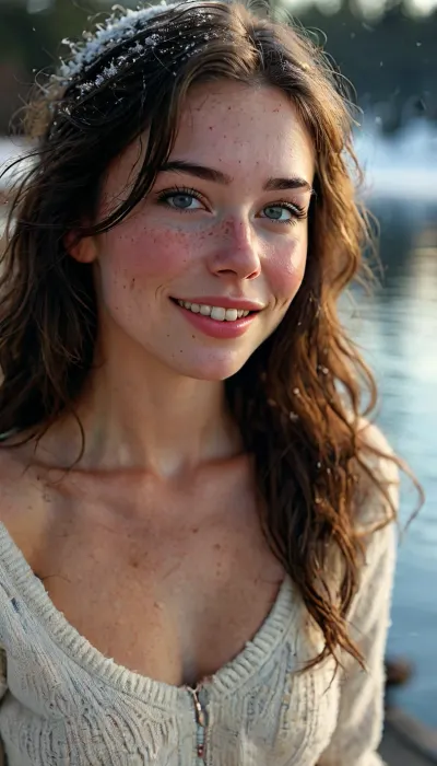 Score_9, beautiful slender 26-year-old woman standing by a Wisconsin lake on a winter afternoon, (show from thighs up:1.2), slender petite pale Midwestern American woman, 26 years old, messy neckline-length very wavy dark black black hair, long oval-shaped face, amused dark blue eyes, dark eyebrows, strong cheekbones, shy infectious smile, lip gloss, slight overbite, prominent freckles especially on nose and cheekbones and chest, (wearing an unzipped Norwegian ski pullover:1.4), ((breasts exposed)), bottomless, exposed hairy bush, pale skin with faint tan lines, slender, perky boobs, highly detailed skin, tight ass, wholesome, hairy bush, realistic skin with natural pores and blemishes, damp sweaty skin, smiling, in ecstasy, handslora, hyperdetailed, cinematic, photo realistic, hyper realism, key visual, intricate detail, highly detailed, vibrant, exciting, nighttime, lots of shadows, romantic, masterpiece, but, <lora:MJ52:2>, <lora:add-detail-xl:2>, <lora:BUT_SDXL_SHS:.3>