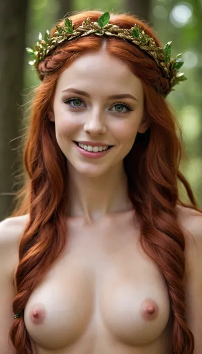(masterpiece, best quality), perfect illumination, (best shadow), magical forest, Elven woman, long braided red hair. beautiful green eyes, freckles, slim body, ((slim breast)), toned abs, shaved pussy, ((nude)), (covered in gold glitter), ornate wreath headdress, ornate gold bracelets, ornate gold earrings, smiling, bright smile, white teeth, seductive, Grammarian
