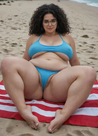Big fat Mexican woman, 40 year old physically, broad from waistline up, she is morbidly obese and physically overweight, she has a big fat stomach, wearing swimsuit, swimsuit she wore covers her privates, wearing glasses, cellulite thighs, cellulite butt, big huge long breasts that are pendulously shaped, located at beach, legs spread, facing camera, big picnic, long black frizzy hair, (bare feet:1.5), (full body overview:1.3), feet, <lora:RealFeet_xl_v1:.6>