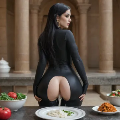 crowded Egypt temple, beautiful sexy girl, goth girl look, black straight long hair, facing camera, pressing sexy pose, beautiful face, long black straight hair, bmbplora, bodysuit, mglr, large, breasts, seen from behind, (standing up:1.1), wide hips, (giant creampie falls in rice, tomato, salad plate:1.4), <lora:bimboxl_02:.5>, <lora:MGLRbodysuit_sdxl:.5>, <lora:nudify_xl_lite:.5>