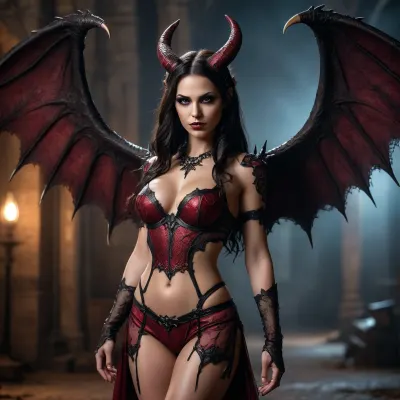 woman, full body- height photo of succubus, detailed face, seductive pose, demonic features, long dark hair, horns, wings, glowing eyes, fantasy themed attire, leather and lace, dramatic makeup, night-time setting, sinister ambiance, high contrast, highly detailed, taken using a Canon EOS R camera, hyper detailed photo-realistic maximum detail, 32k, Color Grading, ultra HD, extreme meticulous detailing, skin pore detailing, hyper sharpness, perfect without deformations, 35mm