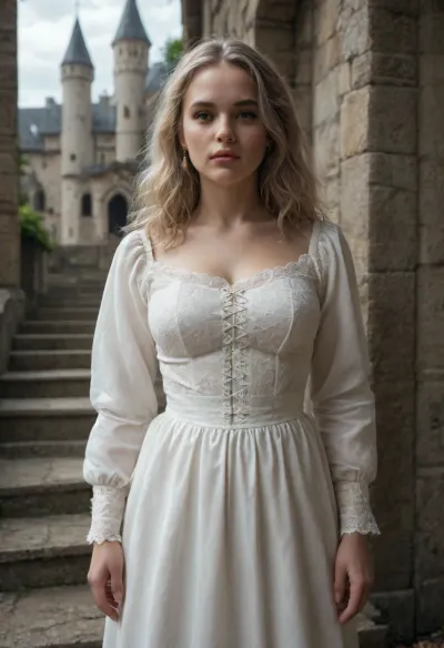 A plump, beautiful woman with a round face and long, light hair down to her waist stands in a white Gothic dress at the wall of a medieval castle, gloomy atmosphere, clouds., <lora:Chubby BBW - XL:.7>