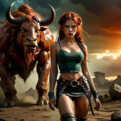 A 25-year-old desert survivor in a post-apocalyptic fantasy world gets fucked by a huge minotaur with a huge dick, on the edge of a huge cracked wasteland under an ominous gray-orange sky. The land is desolate and lifeless, littered with the ruins of forgotten civilizations and gnarled trees petrified by time. Monster Minotaur grabs duvushka and impales her on his huge cock, from excitement and pain the girl screams in ecstasy, sperm pours out of her holes, the monster tears the clothes on the girl, rags.&nbsp;

The girl has long black hair in messy braids and dreadlocks, and fair skin with soft, doll-like features. Her big blue eyes are full of fear, but also charm. She is wearing a modest outfit made of stitched leather and torn fabric, a cropped top and a short skirt that accentuates her toned figure. She looks back at the monster behind her with a mixture of greed and strange attraction. Looming behind her is a monstrous mutated minotaur-over 10 feet tall, muscular and primal, with jagged obsidian horns, glowing red eyes filled with rage, battle scars etched into its flesh, and chains hanging from its belt. His body is a terrifying fusion of power and mutation-his armor is half-melted into muscle, his sinews exposed beneath a torn hide-and yet he has an undeniable animal magnetism." He stomps forward through the swirling dust and ash, chasing the girl with predatory concentration, his huge cock sticking out and wanting to plunge into the holes of the cute elf. Style, dark fantasy, dystopian apocalyptic setting, cinematic lighting, dramatic moment of action, high detail, sensual tension, close-up, flaccid, copulation, abs, crotch, friction, ass, focus, suggestive, fluid, w4rhammerbeastmen, 4ng3l, face, Object, gd, erection, sex, toy, penis, large, gwen, tennyson, (/Ben10), /, (ultra, HD, quality, details), bright, orange, hair, short, (green, eyes), <lora:dark:.5>, <lora:MJ52:.8>, <lora:SDXL_BetterFaces-LoRA_v1:1.3>, <lora:Penis_XL:.8>, <lora:Gwen Tennyson (Ben10) - XL SCXL V1.0:.8>