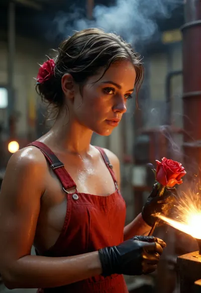 Beautiful A Venetian female factory worker, blowing glass, red glass rose, workers overalls, shirtless, matt black welders gloves, glass furnace in the background, wet hair, sweat, smoke in the background, (medium, long shot:.8), <lora:detailed_notrigger:.6>, <lora:Midjourney Image Enhancer XL v1:.6>, <lora:bralessSDXL_v1_00022:.5>, <lora:()Ashlynn Spektre XL:.4>