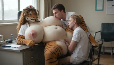 Huge Female Furry anthro tiger with huge breast, large niples, excessive lactation, sitting at the desk, nurse uniform, exposed pussy, pussy under desk, huge belly, excessive creampie, man sucking breast and fingering pussy