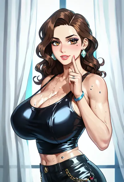 (huge silicone boobs:1), (huge boobs:2), (huge boobs:1), woman, the ambient indigo light filters through sheer white curtains, enveloping the room in a calm yet vibrant hue. Her gaze is contemplative, directed downwards with an aura of intense yet serene concentration. She gracefully holds a silver fountain pen with her right hand, hinting at the imminent outpouring of thoughts onto the page beneath her gaze. The setting is intimate, defined not by its furnishings but rather by the personal style and atmosphere conveyed through her presence and attire. Prominently, she wears a tight-fitting leather tank top, its material hugging her form, creating a striking contrast to the softness of the room. The black leather of the tank top gleams subtly under the filtered light, adding a touch of edgy elegance to her overall appearance. This choice of garment speaks volumes of her individuality – merging sophistication with a hint of rebelliousness. The backdrop, though serene and thoughtfully curated with elements of nature and art, becomes a secondary detail to the immediate impression made by her unique blend of style and poise. Her chestnut brown hair falls in gentle waves, adding a touch of softness that balances the bold statement of her leather top. The minimalistic approach to her makeup – with just a hint of peach on her cheeks and a natural gloss on her lips – compliments the refined boldness of her attire. The silver ring, adorned with an opal on her index finger, stands as a singular piece of jewelry, highlighting her preference for meaningful accents over ostentation. Poised to write, her posture communicates readiness and anticipation, the essence of a woman who cherishes solitude as a gateway to creativity and introspection, all the while embracing a style that is distinctly her own.