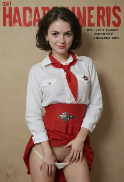 (single drawn girl:1.3), (Alisa), (illustration:1.3), (hand drawn:1.3), (drawn porno comics book cover:1.3), (TITLE text, "Пионер":1.3), (Soviet pioneer girl:1.2), Soviet pioneer girl 18yo, (young:1.5), ((shy smile, blushing)), in a red scout tie, white blouse and white panties pull aside, ((show pussy)), sexy random pose, sovietForm, sopi, pionyrs, shirt, neckerchief, lift her skirt, sash, badge, <lora:iltromba_artwork_style_smm_SDXL_LORA_v07:.7>, <lora:text:.7>, <lora:pionyrka:1>, <lora:ALisa_Selezneva_V5:1.5>