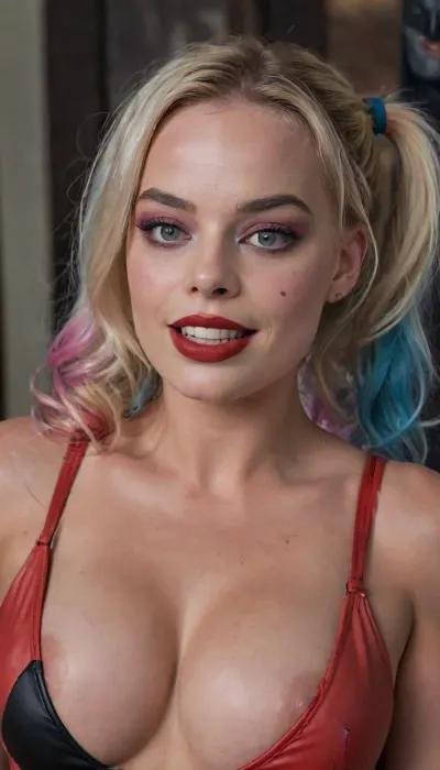 Perfect photo of the 22 years old medium hard prothesis boobs Margot Robbie wearing only a porn version of Harley Quinn costume, face painted like Harley Quinn, losing her vaginal virginity with vaginal blood having sexual fun on a very rough gangbang double penetration on a Doggystyle side view by 3 men dressed as the batman, she has a Harley Quinn big badass smile after she turn into a sex slave for her father in law, perfect photo, 4ng3l, face, gangbanged, double penetration, dp, vaginale Blood, side view, <lora:SDXL_BetterFaces-LoRA_v1:1.3>, <lora:SDXLHighDetail_v6-000005:1.3>, <lora:DetailedEyes_V3:1.5>, <lora:MARGOTR:.8>