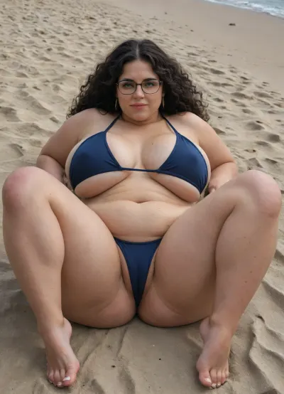 Big fat Mexican woman, 40 year old physically, very big wide broad chested, she is morbidly obese and physically overweight, she has a big fat stomach, wearing swimsuit, swimsuit she wore covers her privates, wearing glasses, cellulite thighs, big huge long breasts that are pendulously shaped, located at beach, legs spread, facing camera, big picnic, long black frizzy hair, (bare feet:1.5), (full body overview:1.3), feet, <lora:RealFeet_xl_v1:.6>