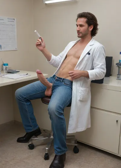 Photorealistic, (Doctor's office, The male doctor, 58 years old, is dressed in jeans, a tight sweater, and a lab coat, the doctor sits on a stool and examines a male patient.), (The male patient is 35 years old, shirtless, with his trousers down to his knees. The patient displays his enormous, hard penis, which is heavily veined and engorged. Semen glistens on the glans. The patient's testicles are large and hang low, and his scrotum appears heavy and full of semen. The patient sits back on the examination table. Semen is leaking from his penis.), (The doctor examines the patient's thick penis and holds it in his left hand. In his right hand, the doctor holds a test tube to collect the patient's semen.)