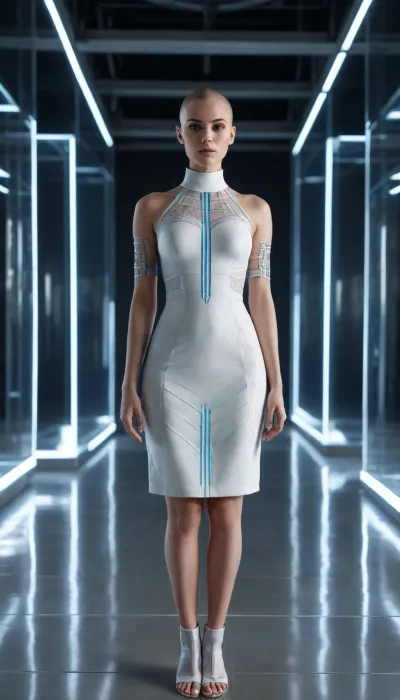 young brunette, (shaved head), in a short white architectural bioplastic dress with geometric shapes and blue seam lighting, inside a sterile white holographic interface hall. Perfect symmetrical facial features, matte flawless skin, unnaturally bright glowing blue eyes without lashes or brows, pale thin lips, faint circuit line tattoos on temples. Wrist interface bracelets, neck collar display. Levitating slightly above the reflective floor, surrounded by floating data holograms, fingers moving as if controlling streams of information. Emotionless, high-tech priestess aesthetic. Full body shot, clean futuristic lighting, sci-fi, hyperdetailed, octane render.