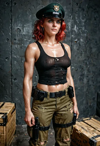 25 year old irish-american woman, medium length straight red hair, black cadet hat, lean fit body, large sagging breasts, army green tattered and torn tank top, military style cargo pants, 2 holsters on belt with leg straps holding tech 9 pistols, black combat boots, standing with right foot on a large ammo crate, captain morgan style stance. Body is extremely sweaty, oily sweaty skin, shiny skin, 8k, hi resolution, hi def, realistic, espression of angry determination, <lora:ar1ast4rk woman sdxl:.1>, <lora:Sweaty_Realism_4-000006:1.5>