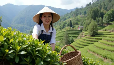 Photorealism, photorealism, realism, {Vietnamese woman in a conical hat, in the process of harvesting, reaching into tea bushes on terraced plantations on a mountainside, a special basket stands nearby, looking at the viewer}, high detail, ultra-realism, cinematic lighting, 8K