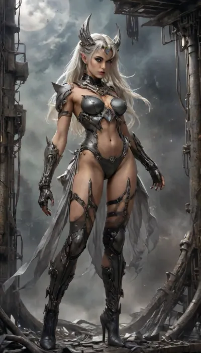 wide angle, head to toes, full body view, mostly nude sailor moon, Ethereal female entity, standing on i pile of rubble and bones, very long platinum blond shimmering hair blowing in the wind, medium breasts, nipples, dynamic pose, floating dark grey sheer silk, ash satin gloves, ash satin thigh-high high-heel boots, dark grey sheer loincloth, dirt marks on skin, crotchless open ash panties, ash wet open cup bra, sheer ash lace corset exposed breast, ash lace choaker, collarbone glistening under moonlight, orgasm face, bedroom eyes, Digital painting captures interplay of Art Nouveau and punk aesthetics within her being, contrasted against sprawling backdrop of cyber and atmospheric industrial textures, distilled mourning of a divine spirit, gripping, cyberpunk elements, atmospheric contrasts, detailed hairstyle, exposed breasts, expossed pussy, d&d character, tall, ripped thigh high stockings, dark fantasy, smokey eye makeup, psychotic, intricate details, iridescent, vivid colours, trending on artstation, Michael Garmash, Luis Royo, water color effect Dark, Fantasy, page, water color, foggy background, shimmering textures
DonMn1ghtm4reXL, y4nn, circuitboard, futuristic, Art, Boris, Vallejo, Style, Luis, Royo, dark, fantasy, braided, side, <lora:Dark Fantasy:1.1>, <lora:y4nn:2>, <lora:Fantasy_art_XL_V1:1.9>, <lora:Braided_Sides_V1:2>, <lora:Mecha_Ggorgeous_Armor-000011:.8>