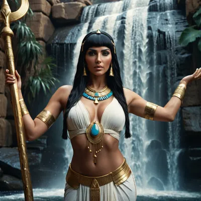 Photorealism, photorealistic, realistic, {Egyptian priestess of water wearing a massive necklace, with straight heavy black hair and straight bangs, spreading her arms to the sides, unleashing a waterfall with her staff}, lifelike, highly detailed, ultra-realistic, cinematic lighting, 8K