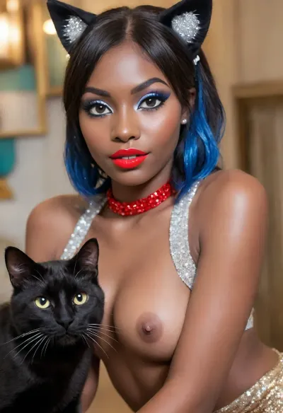 (clear image), photorealistic, high res, (black skin:1.5), full body in frame, perfect illumination, (manicure, long red nails), (extremely detailed, ultra realistic), best quality, focus on arms legs face, ultra-detailed, finely detail, (((massive HHH cup Breasts))), super shiny tits, erect nipples, long nipples, large areolas, long hair, perfect ass, shapely legs, long legs, legs are oiled, ass is oiled, boobs are oiled, belly is oiled, face is oiled, The girl has big plump lips on her face that shine and reflect the light, ((makeup:1.5), long blue eyelashes, olive eye shadow with sequins), (young:1.7), (high-quality facial treatment:1.3), large plump lips bimbo in red lipstick with a glossy wide pink outline and a slightly open mouth, (hairstyle with five pigtails straight bangs of blue with sequins:1.2), pupil eyes like a snake, (anthro cat girl:2), (milky mucus is flowing from the pussy:1.2)
