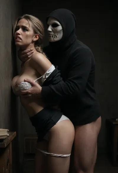 night, ((home office)), desk, books, paintings, 40 yo female lawyer, (((getting fucked from behind by a masked burglar))), (((pressed against the wall))), blonde braided hair, (((crying))), ((looking sad)), ((clenched teeth)), (((hands tied behind her back))), (((brutal, by force, forceful))), (((he is groping her boobs from behind))), (((he is choking her from behind))), ((off-shoulder unbuttoned formal jacket)), ((white bra)), (((exposed enormous bimbo breasts))), ((lifted pencil skirt)), ((panties pulled down to halfway thighs)), ((deep penetration)), rough sex, perfect face, insanely hot, incredibly beautiful face, very skinny, perfect tiny ass, small waist, narrow hips, (((view from the side))), large, breasts, big, boobs, huge, tits, <lora:dark:.8>, <lora:bombshell_v2:.8>, <lora:Abandoned_office_-_DS:.8>