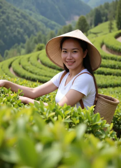 Photorealism, realism, {Vietnamese woman farmer, wearing a conical hat, picking tea leaves, reaching for tea bushes on terraced plantations on a mountainside, with a basket hanging behind her back, looking at the viewer}, high detail, natural lighting.