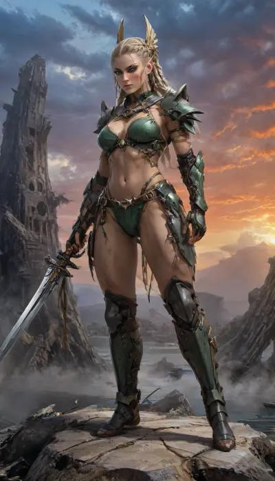 rule of thirds compsition, painting of, (Eris \, (Sinbad\)), realistic in somewhere, lighting, by Luis Royo, masterpiece, best quality, (photorealistic), luis royo art style Visual Elements, Main Character – Neferthys, full length body shot Create striking art featuring a fierce and confident Neferthys, warrior priestess. standing on a pile of debris and bones, She is depicted with long blond flowing blond hair with corn roll braids on the side of her head, clad in her iconic olive green leather bikini armor, slim long legs, wielding a gleaming blue giant bone handled longsword. The background showcases a dramatic fantasy landscape— a fiery sky at sunset or a mysterious, darkened battlefield. Emphasize her powerful stance, fierce expression, and the sense of adventure and danger surrounding her. Use bold, vibrant colors to highlight her striking presence and capture the essence of her legendary warrior spirit., braided, side, no head gear, no helmet, no horns, wkas, Art, by, Boris, Vallejo, Style, <lora:Mecha_Ggorgeous_Armor-000011:1.2>, <lora:Braided_Sides_V1:1.9>, <lora:wkas:1.8>, <lora:Fantasy_art_XL_V1:2>
