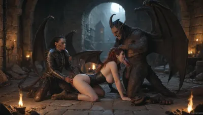 fantasy, ancient armor, black wings, fire, smoke, dragon, scales, big breasts, anal, blowjob, full body, dark, threesome, leather, chains, dungeon, goth, metal armor, demon horns, underworld, tail, cum, bat wings, red, devil, hell, bdsm, monster, succubus, corset, mistress, domina, bones, gargoyle, vampire, blood, fur, pan, satyr, witch, torch