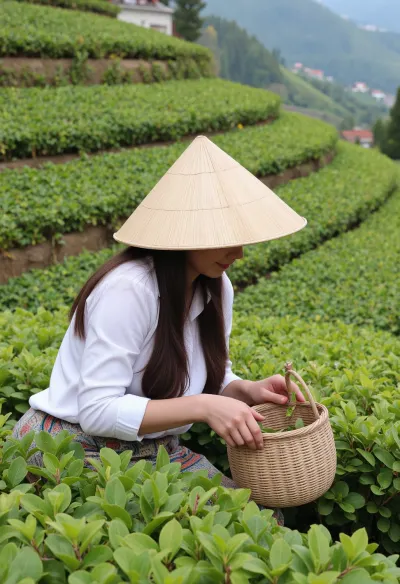 Photorealism, photorealism, realism, {Vietnamese woman in a conical hat picking tea on terraced terraces with tea bushes on a mountainside, placing tea leaves in a special basket}, lifelike, high detail, ultra-realism, cinematic lighting, 8K