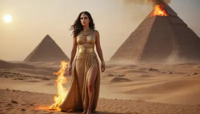 egyptian women praist in ancient robe, gold lingery in deep desert, fire storm on horizont