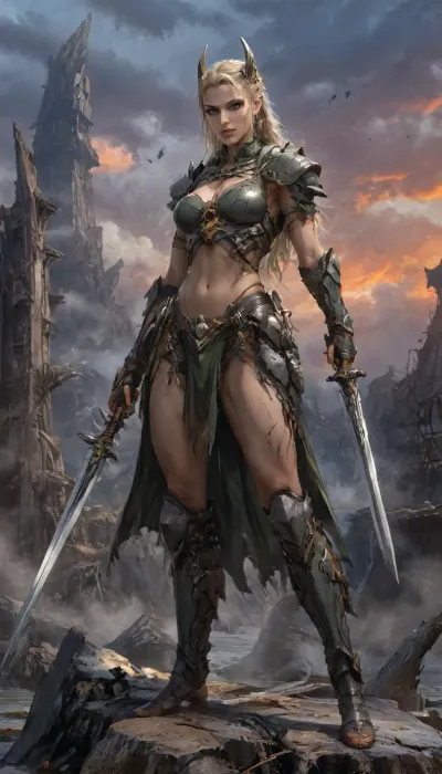 painting of, (Eris \, (Sinbad\)), realistic in somewhere, lighting, by Luis Royo, masterpiece, best quality, (photorealistic), luis royo art style Visual Elements, Main Character – Neferthys, full length body shot Create striking art featuring a fierce and confident Neferthys, warrior priestess. standing on a pile of debris and bones, She is depicted with long blond flowing blond hair with corn roll braids on the side of her head, clad in her iconic olive green leather bikini armor, wielding a gleaming blue giant longsword. The background showcases a dramatic fantasy landscape— a fiery sky at sunset or a mysterious, darkened battlefield. Emphasize her powerful stance, fierce expression, and the sense of adventure and danger surrounding her. Use bold, vibrant colors to highlight her striking presence and capture the essence of her legendary warrior spirit., braided, side, <lora:Mecha_Ggorgeous_Armor-000011:1.2>, <lora:vor_enki.sdxl.lora.v5:1.1>, <lora:Braided_Sides_V1:1.9>, wkas, <lora:wkas:.8>