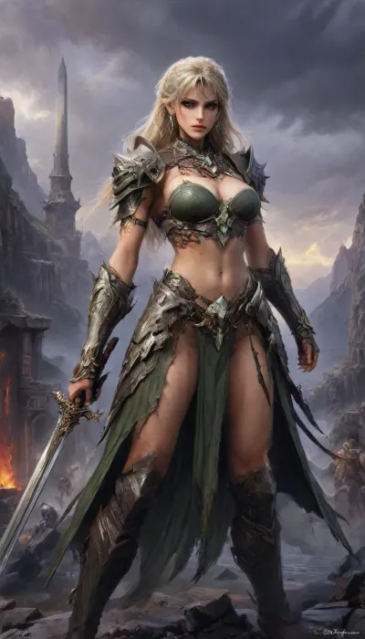 painting of, (Eris \, (Sinbad\)), realistic in somewhere, lighting, by Luis Royo, masterpiece, best quality, (photorealistic), luis royo art style Visual Elements, Main Character – Neferthys, full length body shot Create striking art featuring a fierce and confident Neferthys, warrior priestess. She is depicted with long blond flowing blond hair with corn roll braids on the sire of her head, clad in her iconic olive green leather bikini armor, wielding a gleaming longsword. The background showcases a dramatic fantasy landscape— a fiery sky at sunset or a mysterious, darkened battlefield. Emphasize her powerful stance, fierce expression, and the sense of adventure and danger surrounding her. Use bold, vibrant colors to highlight her striking presence and capture the essence of her legendary warrior spirit., Wielding, sword, k3nk3lly, braided, side, <lora:Mecha_Ggorgeous_Armor-000011:1.2>, <lora:XL_Weapon_Sword_-_By_HailoKnight_2:1.9>, <lora:vor_enki.sdxl.lora.v5:1.1>, <lora:k3nk3lly:1.5>, <lora:Braided_Sides_V1:1.9>