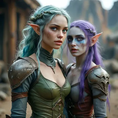 a green and gray mutant in medieval rags and an elven amazon 21 years old \ \ collided in battle \ \ mutant growls \ \ the girl is very confident approaching \ the girl's figure is narrow shoulders wide hips thin waist her skin is blue her hair is very long purple complex hairstyle she is dressed in desert light armor \ \ the girl uses magic against the mutant \ the mutant's skin is gray and salty and he has zombie teeth, <lora:MJ52:.8>, <lora:add-detail-xl:.8>, <lora:CuteLora:1.6>