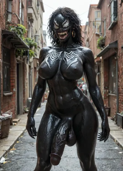 A futa symbiote like the comic book venom posing hungrily in an alleyway. Venom, futa, huge cock